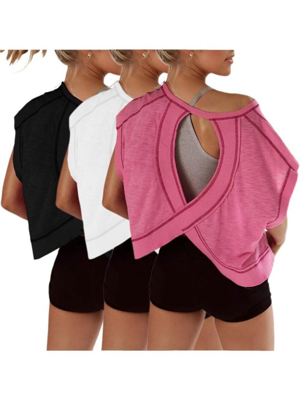 3-Pack Women's Open Back Casual Tops | Short Sleeve Y2K Crop Athletic Tees for